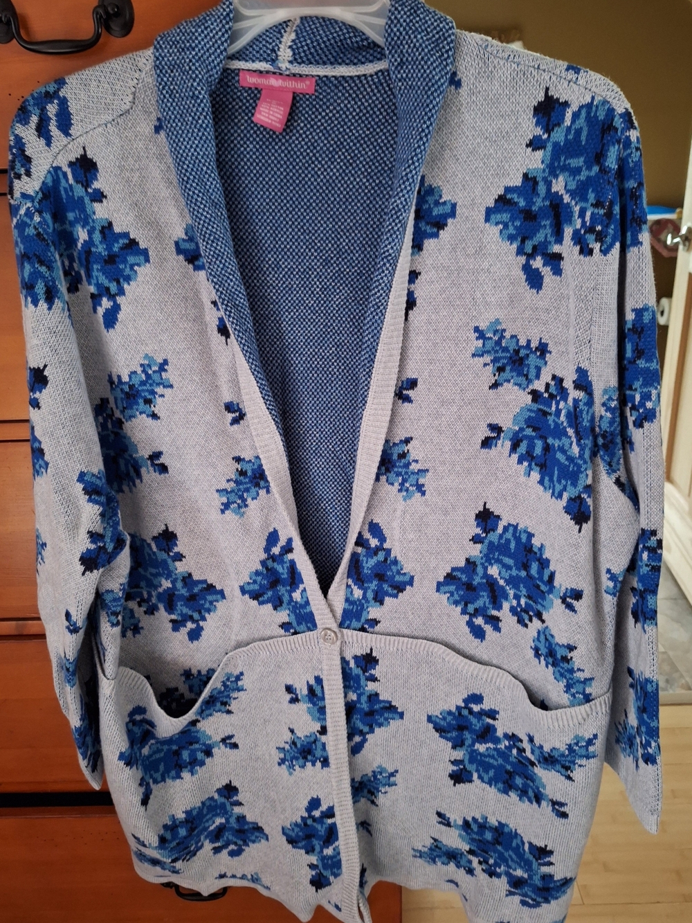 Woman Within Blue Floral Knit Cardigan Jacket Sweater